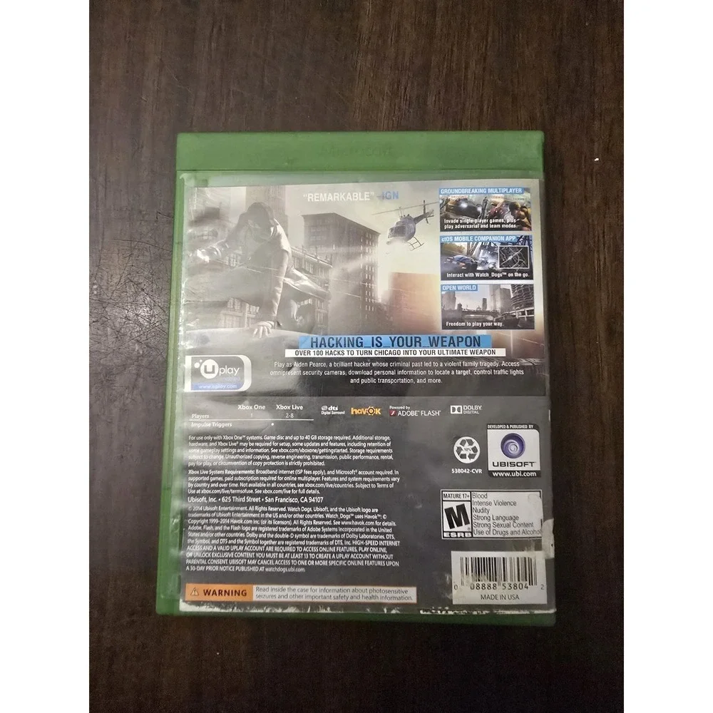 XBOX ONE WATCH DOGS GAME DISC ACTION AND ADVENTURE
